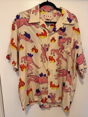 Marni Cream silk Shirt with Pink, Purple and Yellow Cartoon Motif